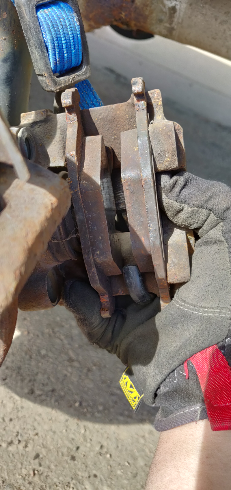 Rear Left Pads - evenly worn - but both rear slide pins were completely dry.